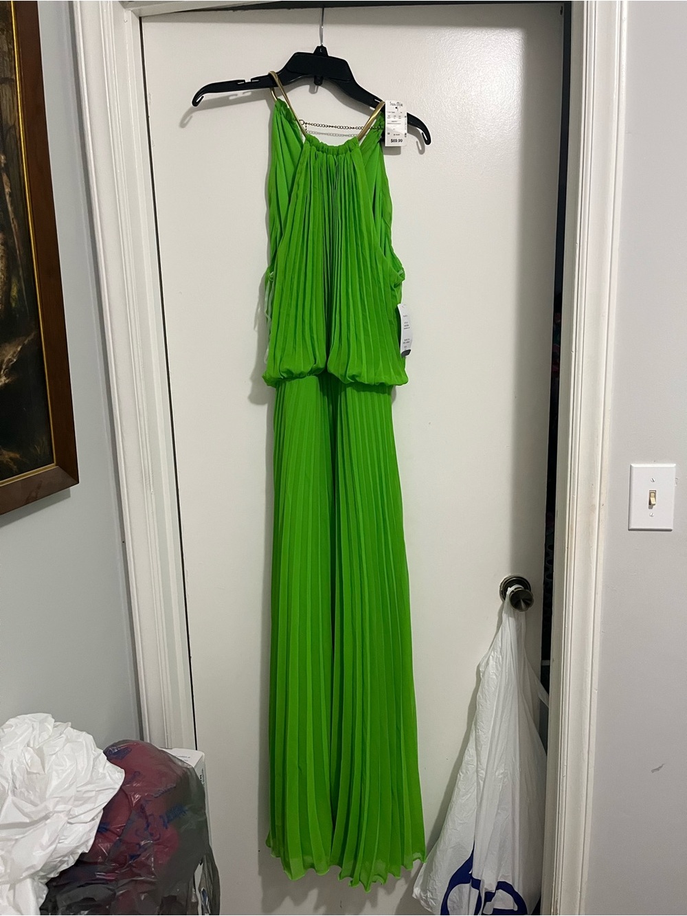 Bright Lime Green Pleated Dress with tags and gold collar